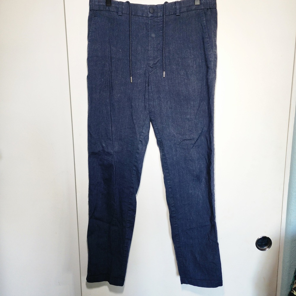 Nordstrom Linen Blend Trousers Mens 32R Navy Blue Excellent Slim Fit Drawstring